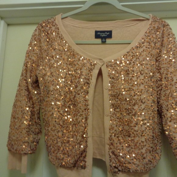 GLAMOUR CROP COPPER BEIGE BLING SEQUINS SWEATER M BY AMERICAN EAGLE OUTF… - Picture 3 of 5